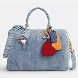 Coach Rowan Large Satchel Bag
In Loved Denim With Charms